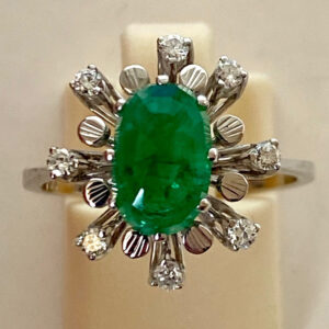 18K White Gold Sunburst Diamond Emerald Ring